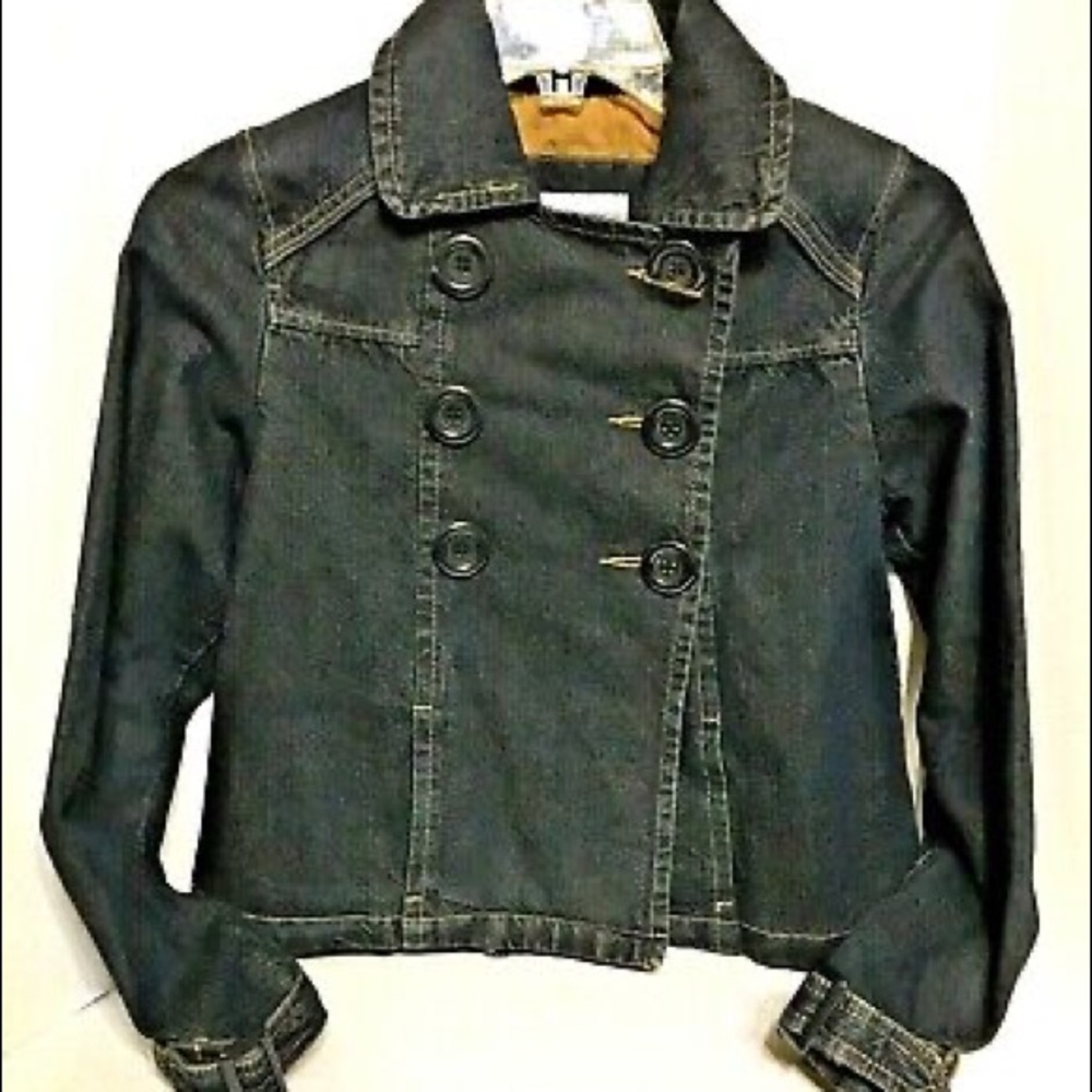 NO BOUNDARIES Dark Blue Denim Jean Jacket Size Medium 7/9 Double Breasted/Lined